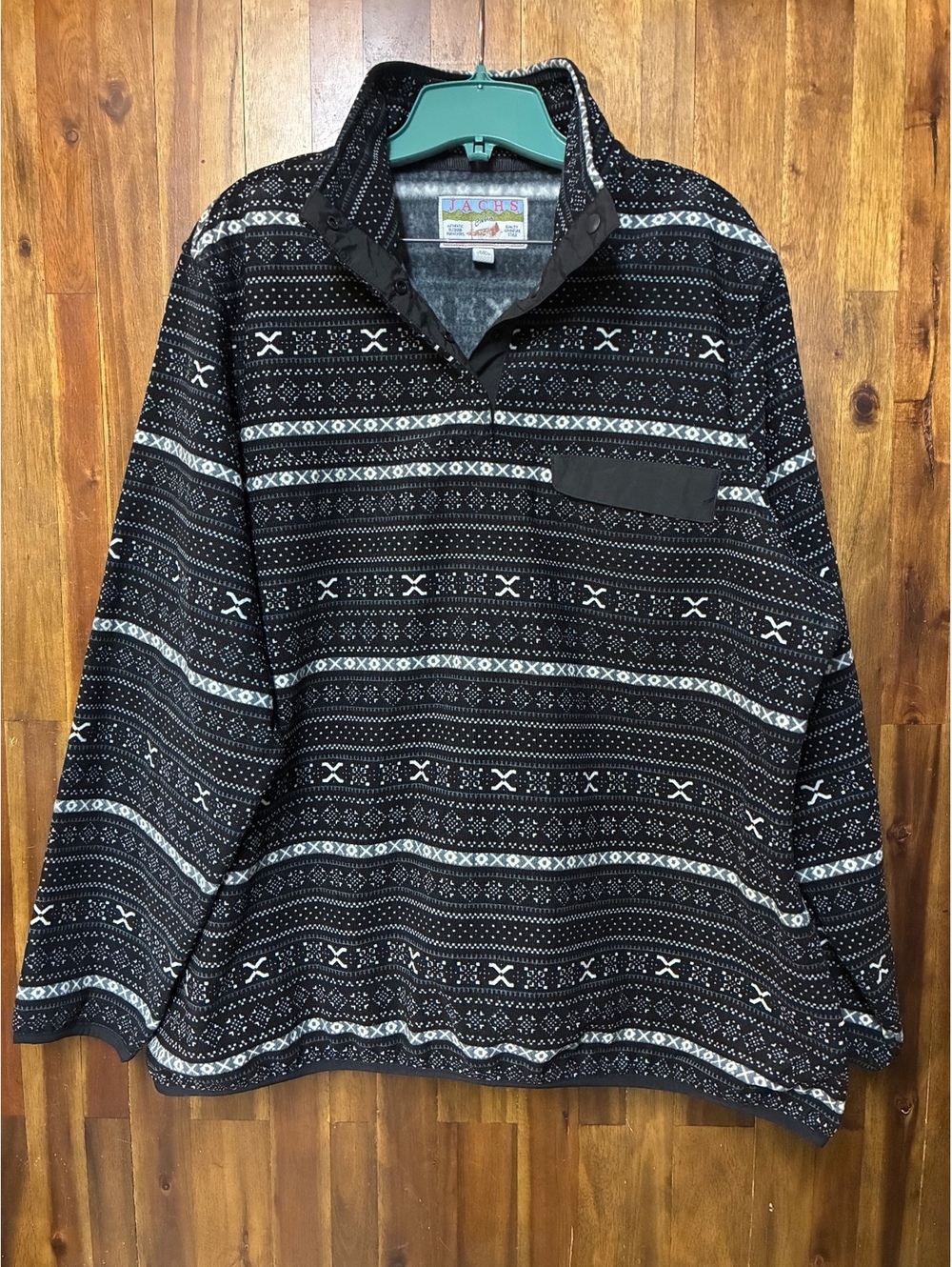 JACHS Cabin Women’s XXL Black Fair Isle Fleece Pullover Snap Front Cozy Outdoor